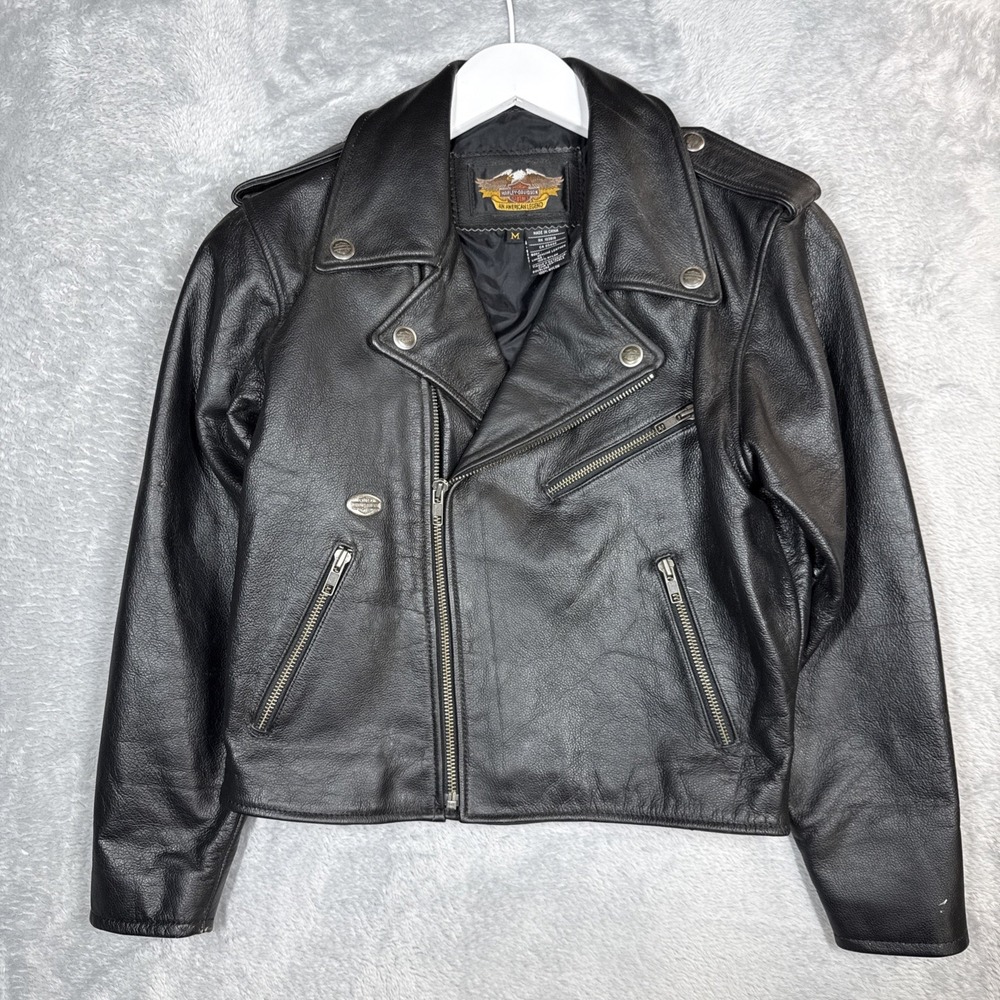 VTG Harley Davidson Leather Riding Jacket Womens‎ Black Medium Crop Moto Grunge